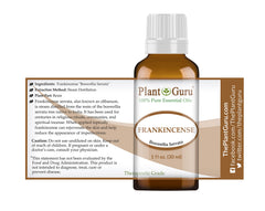 Plant Guru Frankincense essential oil bottle label close-up, ideal for blending with citrus
