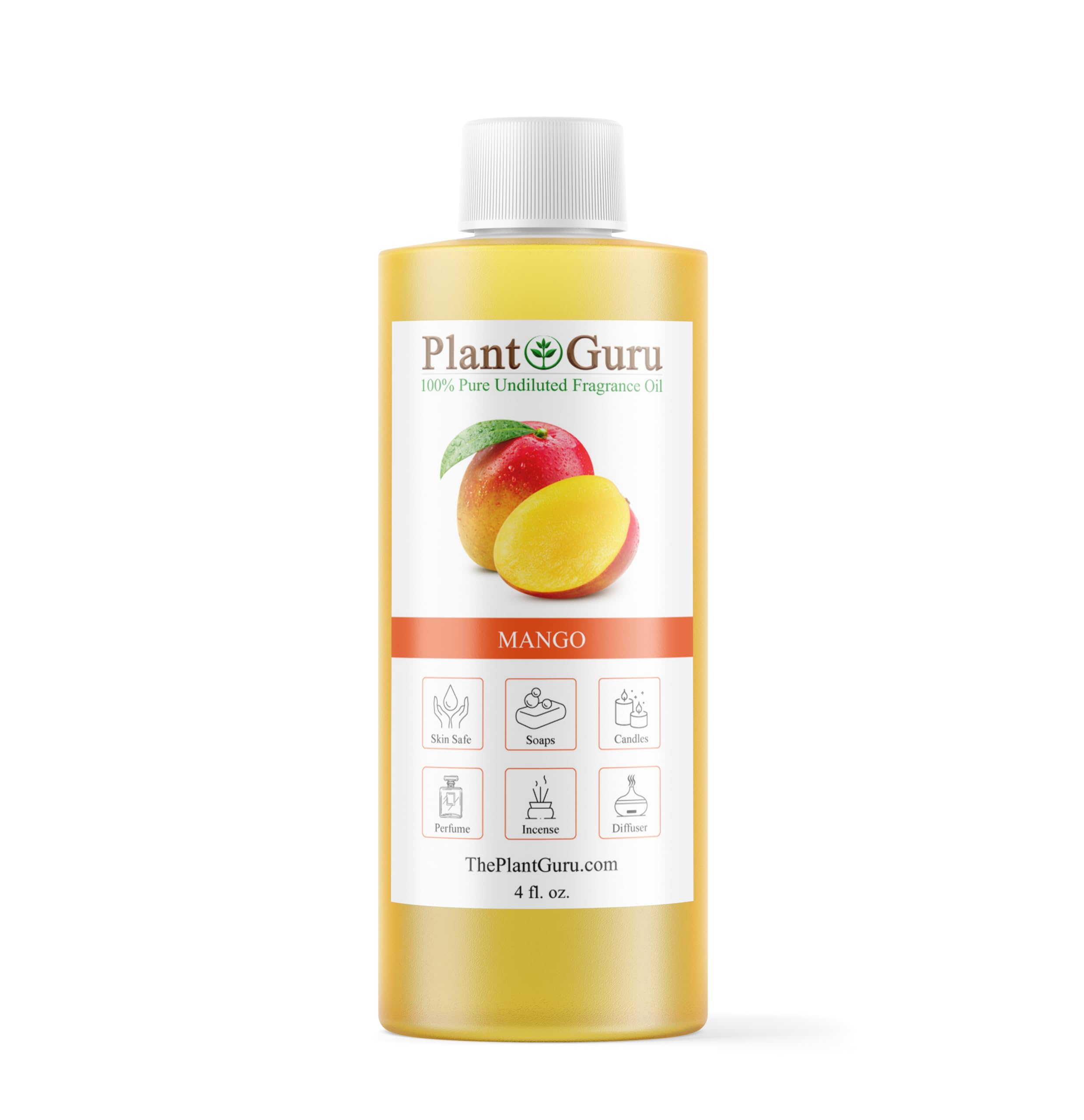 Plant Guru Mango Fragrance Oil bottle delivering bright tropical aroma for DIY projects.
