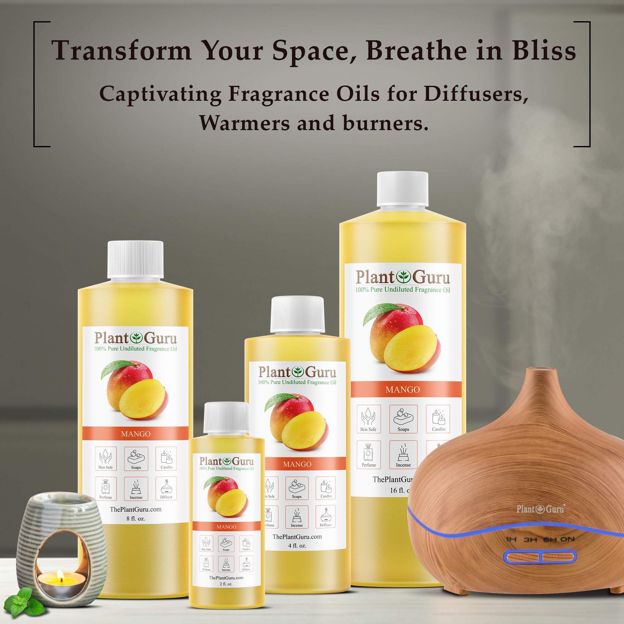 Plant Guru Mango Fragrance Oil candle application for warm, fruity ambience.