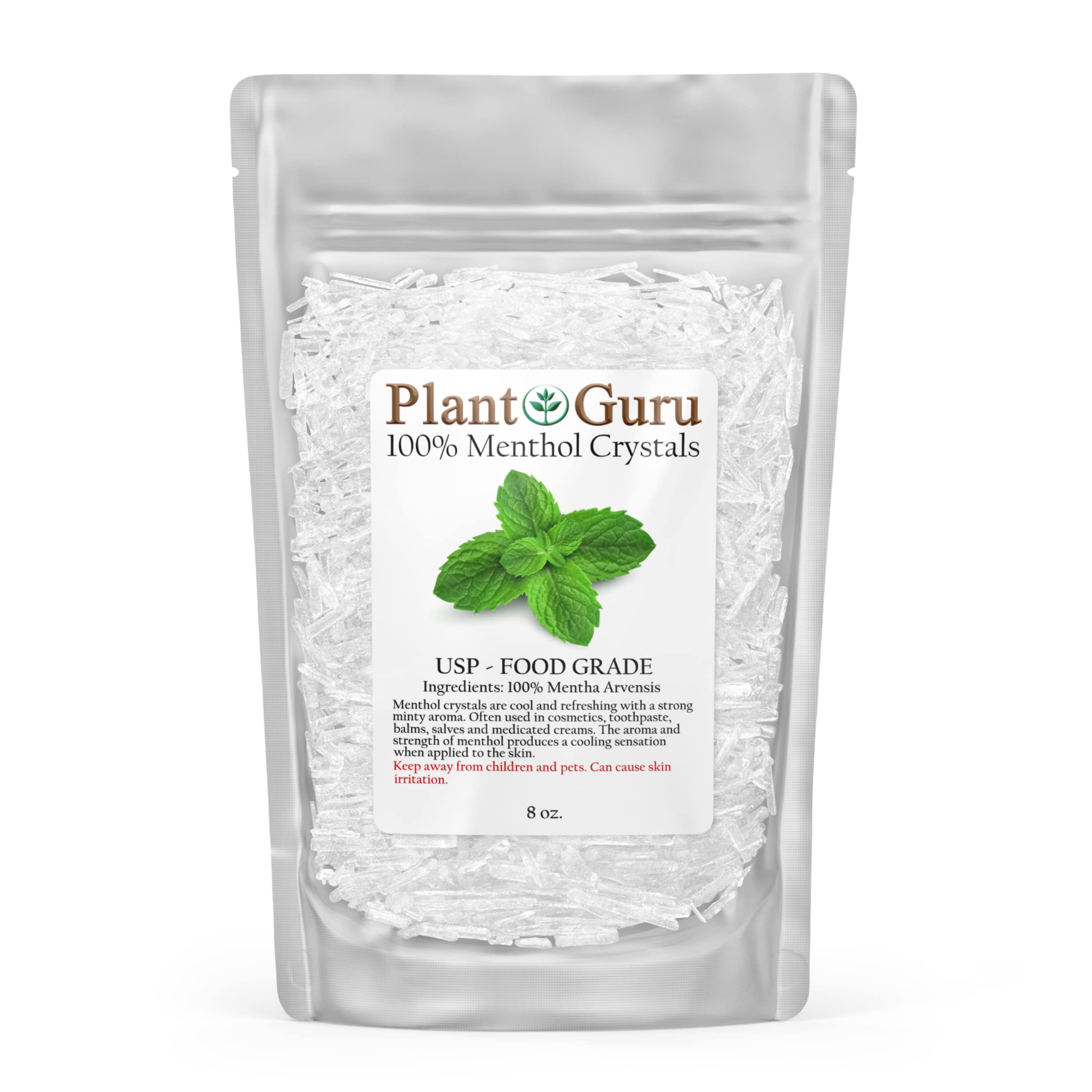 Plant Guru Menthol Crystals 8oz bottle ready for cosmetics and DIY skincare