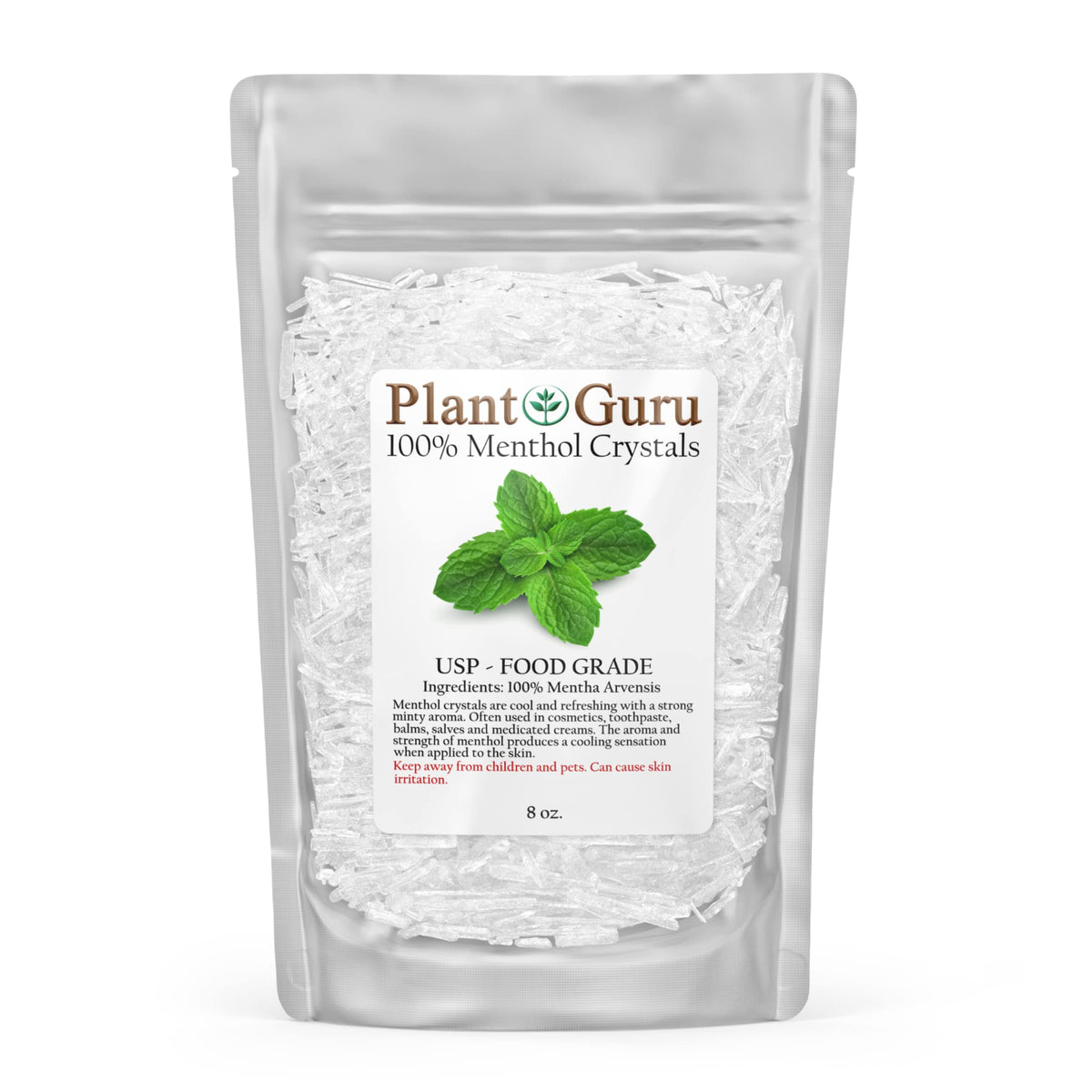 Plant Guru Menthol Crystals 8oz bottle ready for cosmetics and DIY skincare