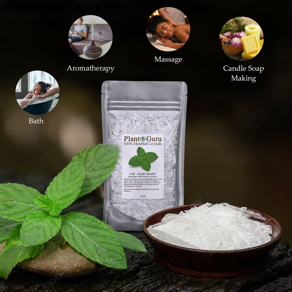 Plant Guru Menthol Crystals labeled as USP food grade for culinary uses