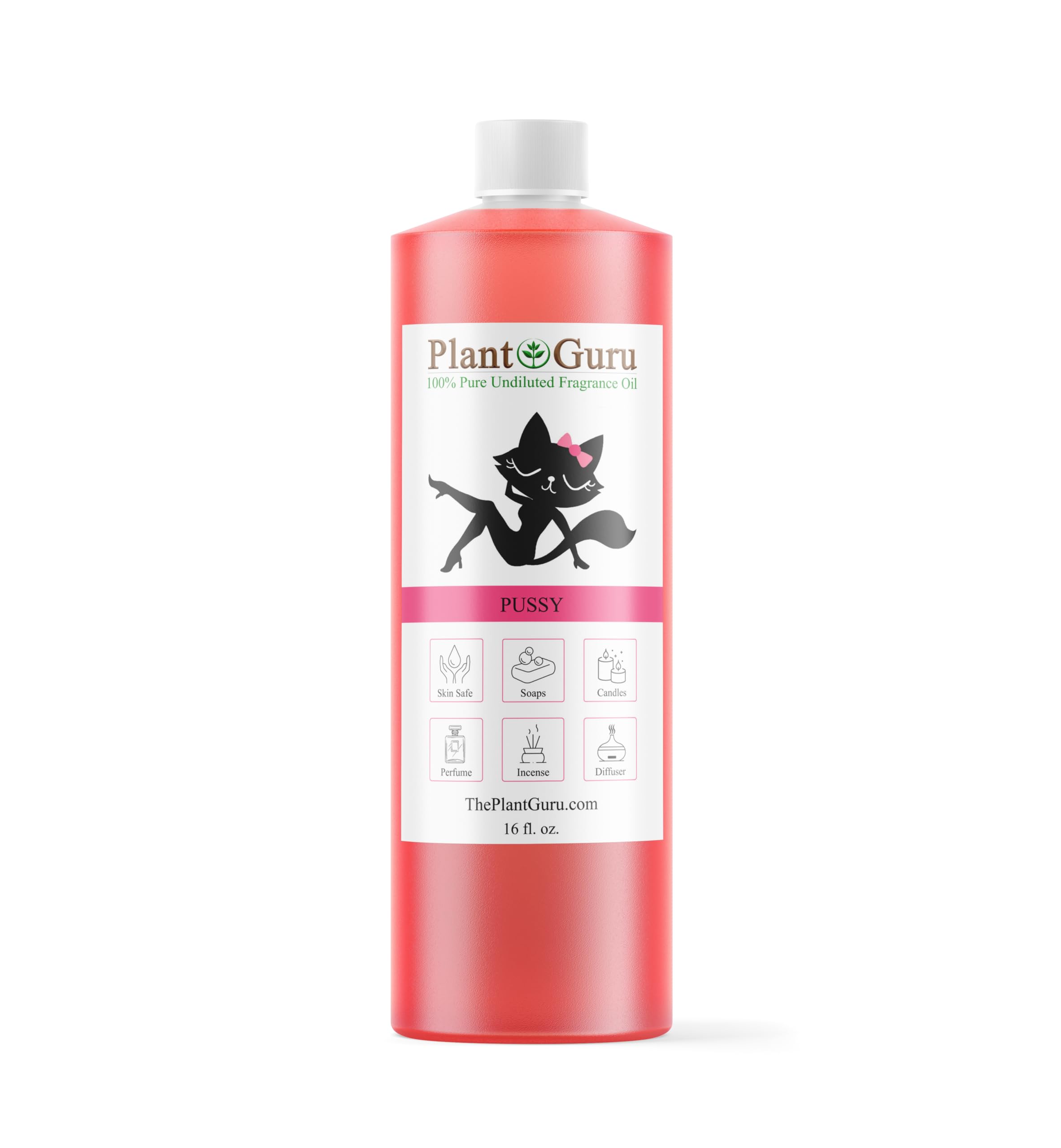 Plant Guru Pussy Perfume Fragrance Oil 16 oz bottle front view for skin use.