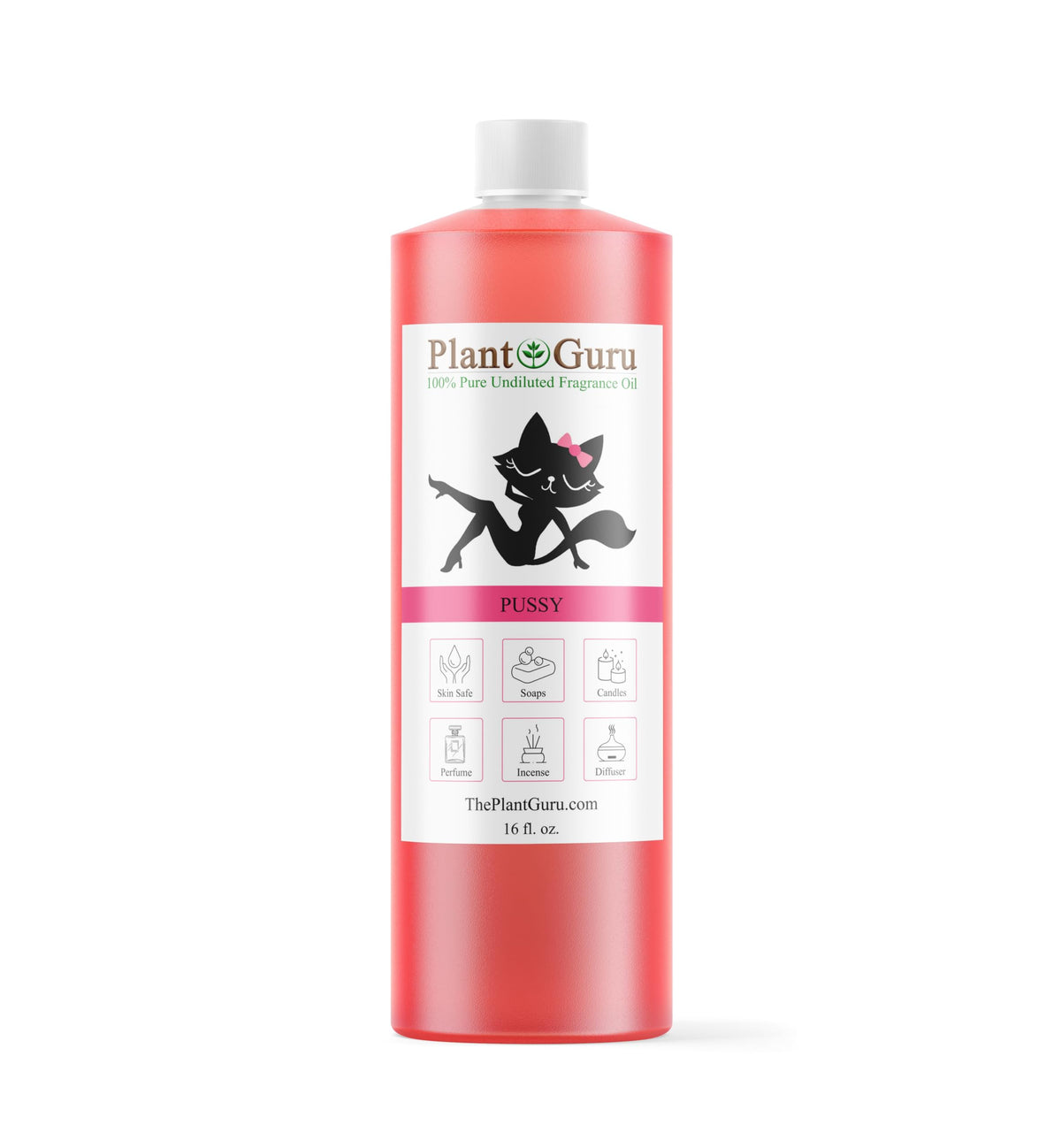 Plant Guru Pussy Perfume Fragrance Oil 16 oz bottle front view for skin use.