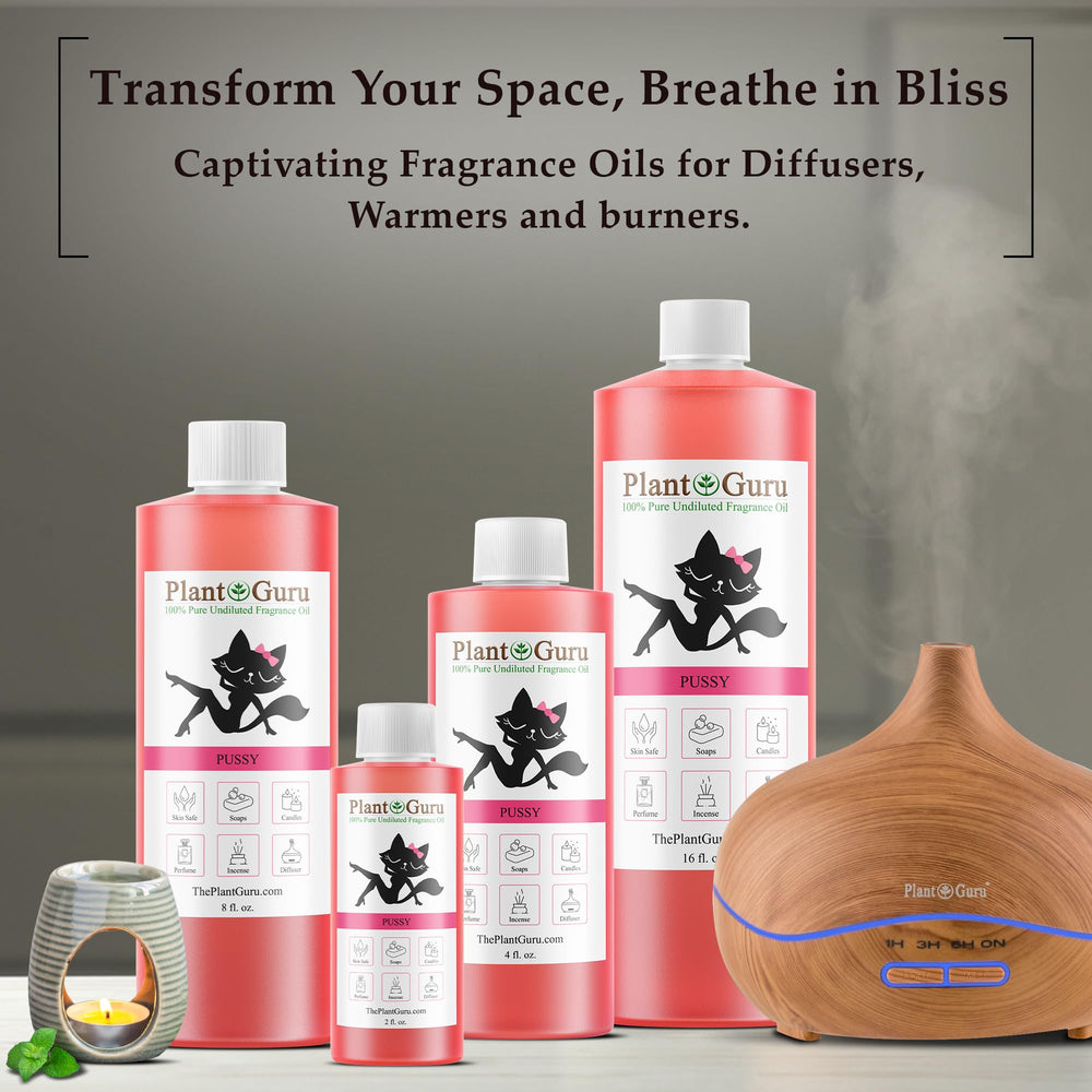 Plant Guru Pussy Perfume Fragrance Oil 16 oz label close-up for branding.