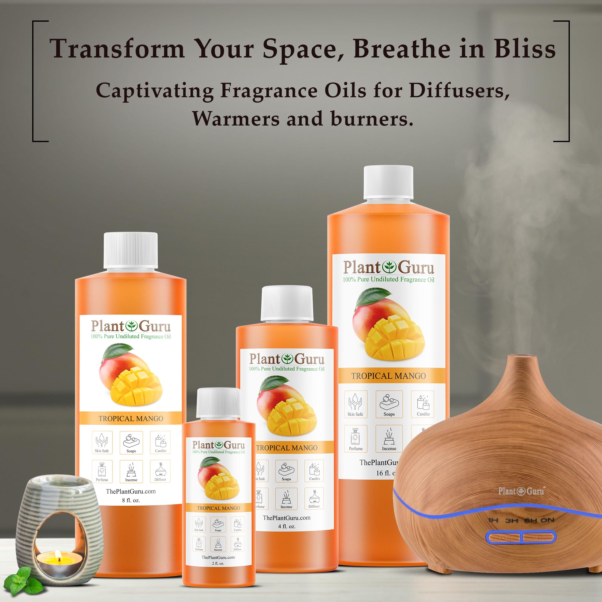 Diffuser setup with Plant Guru Tropical Mango fragrance oil releasing tropical notes.