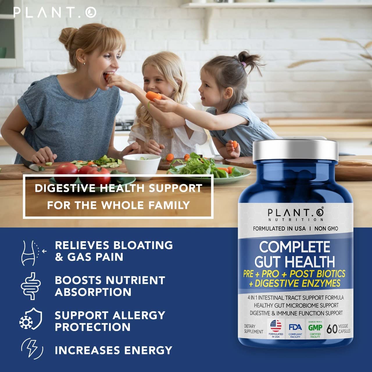 PLANT.O NUTRITION digestive enzymes illustration for nutrient breakdown support.
