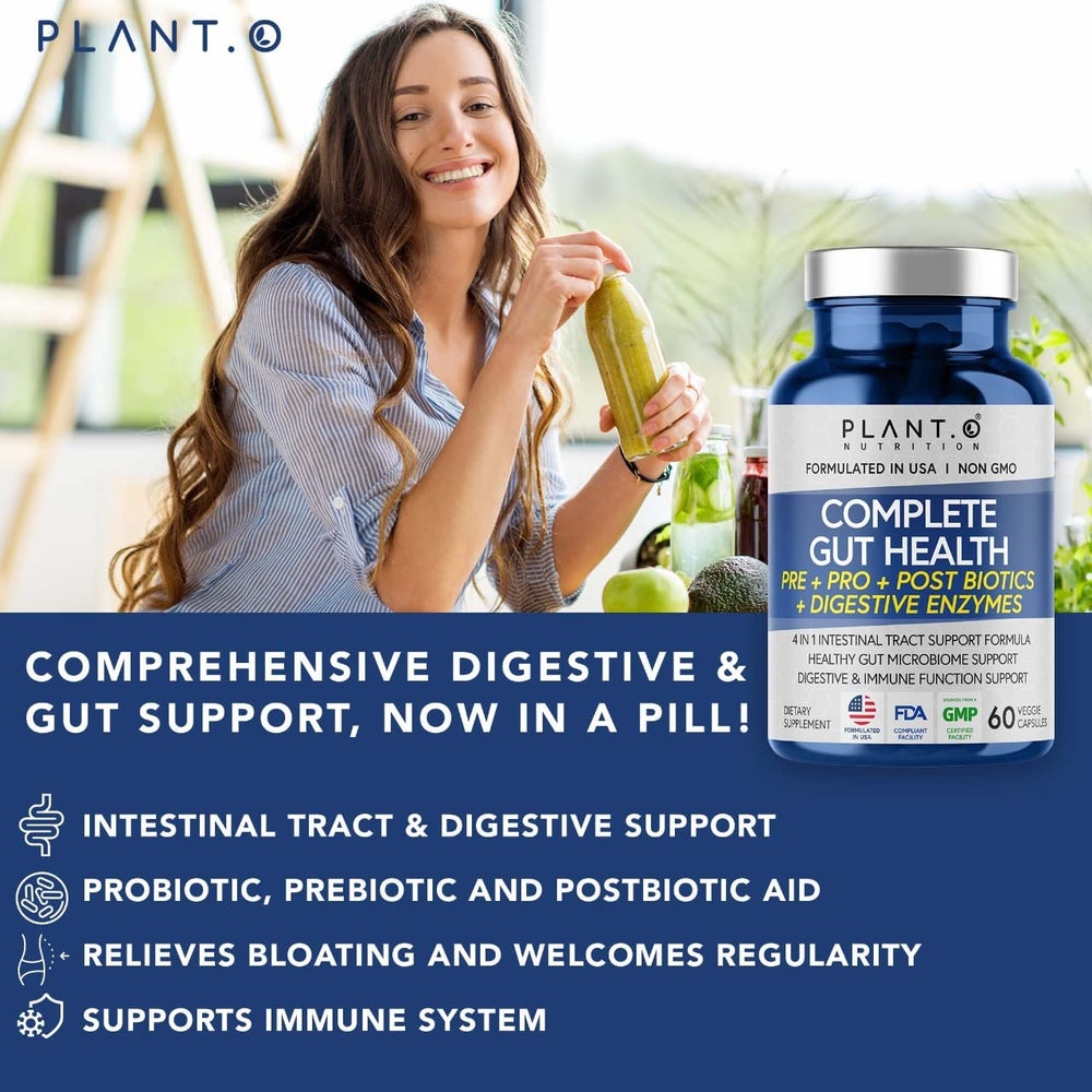 PLANT.O NUTRITION prebiotics-probiotics postbiotics ingredient graphic for gut balance.
