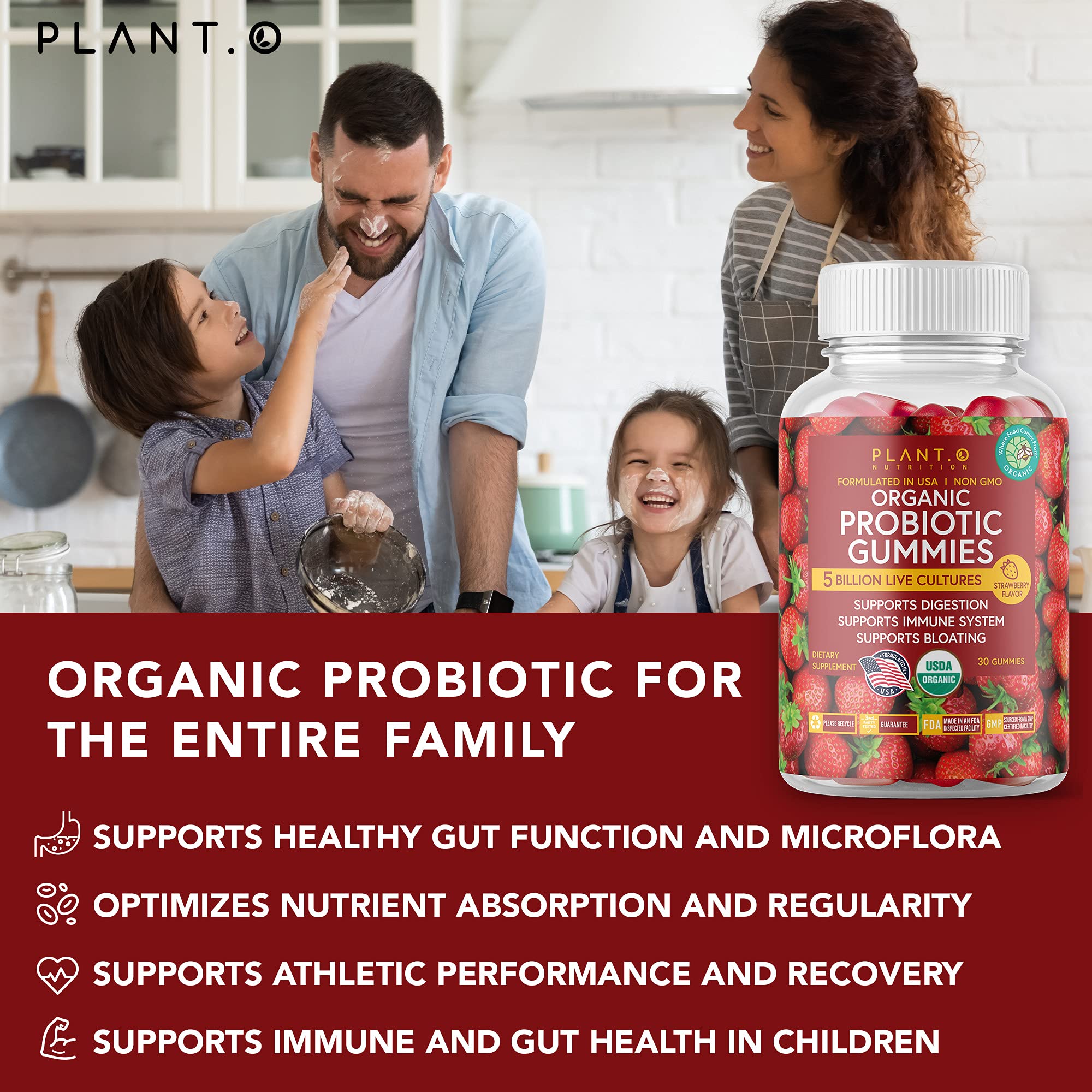 Plant.O gummies adults dosing depicts two gummies daily for routine digestive balance.