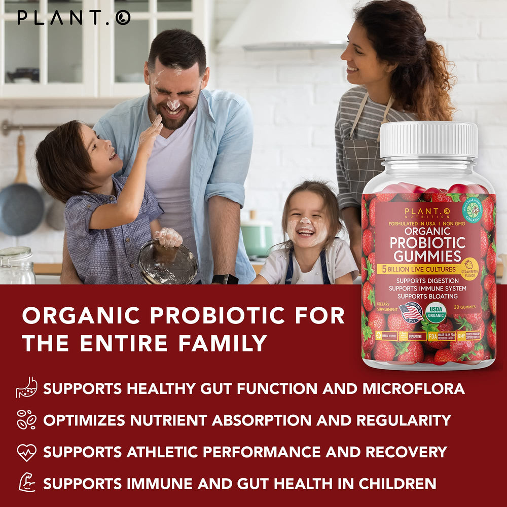 Plant.O gummies adults dosing depicts two gummies daily for routine digestive balance.