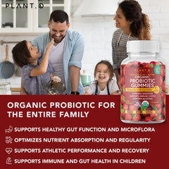 Plant.O gummies adults dosing depicts two gummies daily for routine digestive balance.