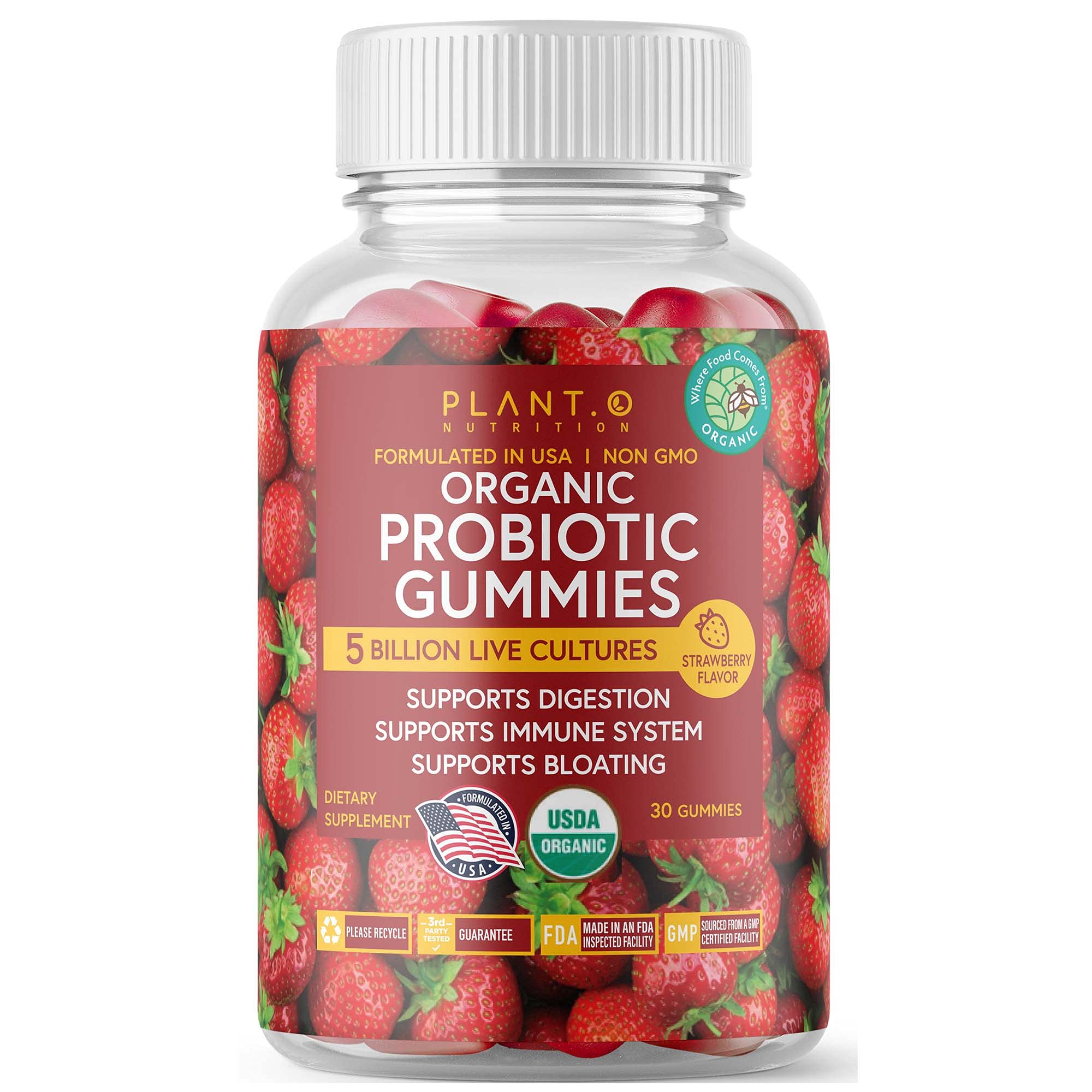 Plant.O Organic Probiotic Gummies bottle with strawberry flavor for daily digestion support.