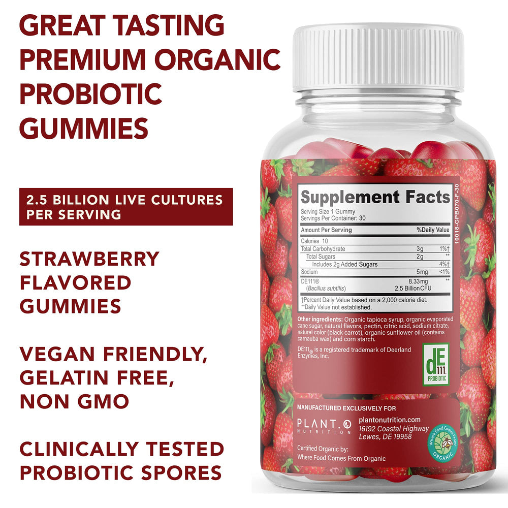 Plant.O strawberry gummies close-up highlighting tasty daily probiotic support.