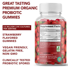 Plant.O strawberry gummies close-up highlighting tasty daily probiotic support.