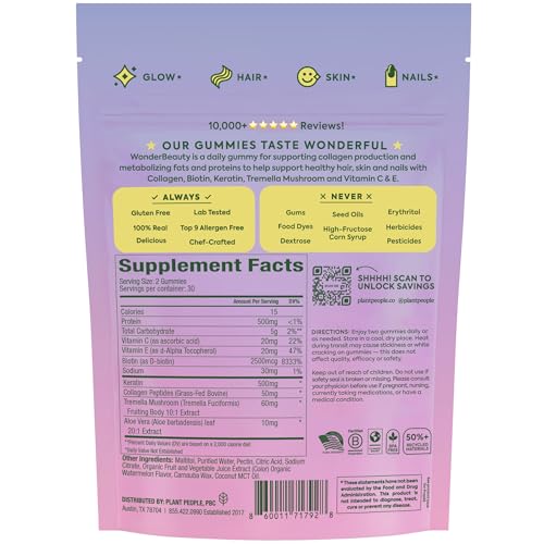 Plant People WonderBeauty gummies are non-GMO, gluten-free, gelatin-free, sugar-free.