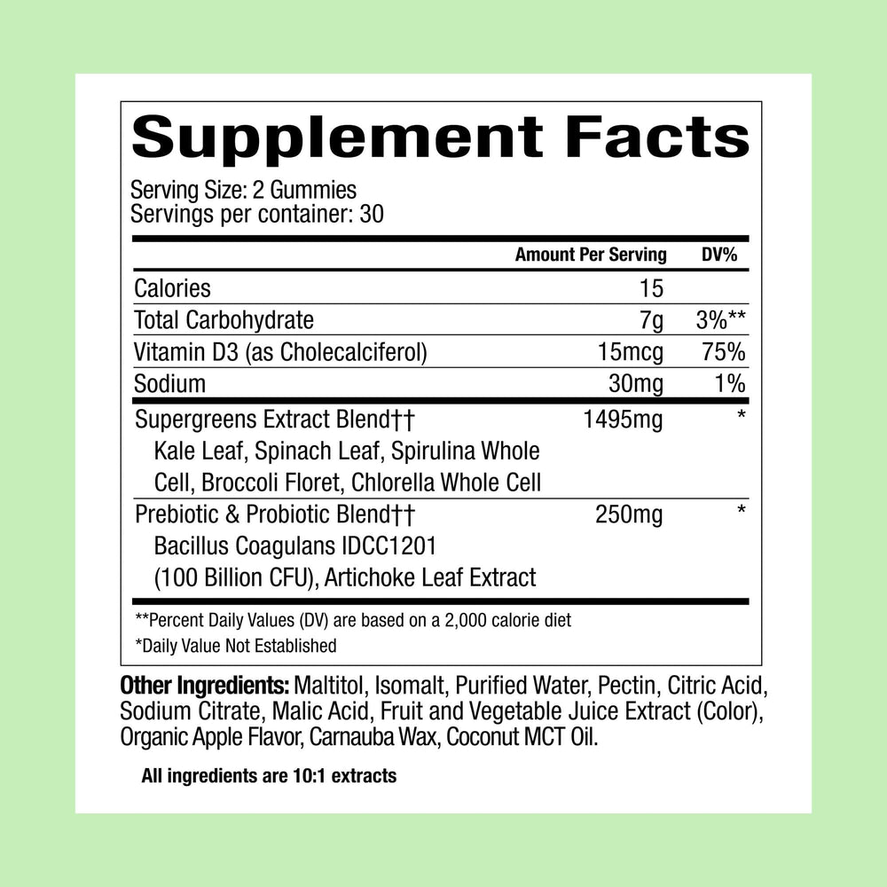 Plant People WonderGreens gummies closeup highlights texture and vibrant color for convenient daily nutrition.