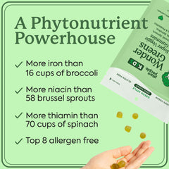 Plant People WonderGreens gummies display six greens and Vitamin D3.