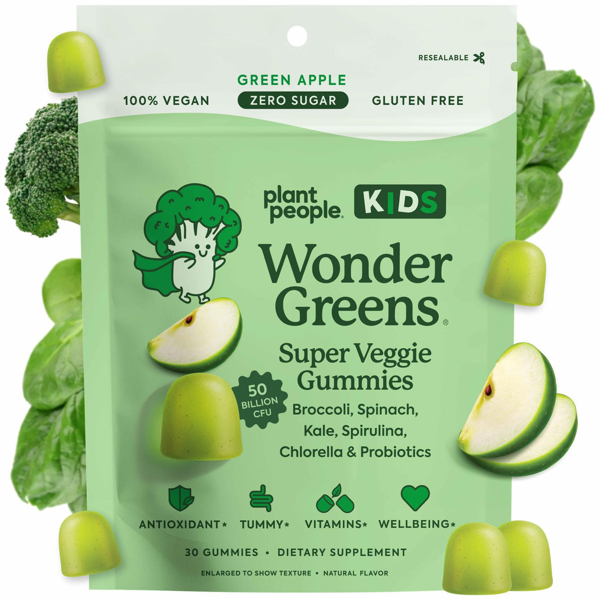 Plant People WonderGreens Kids Gummies bottle showcases sugar-free, allergen-free multivitamin for picky eaters.