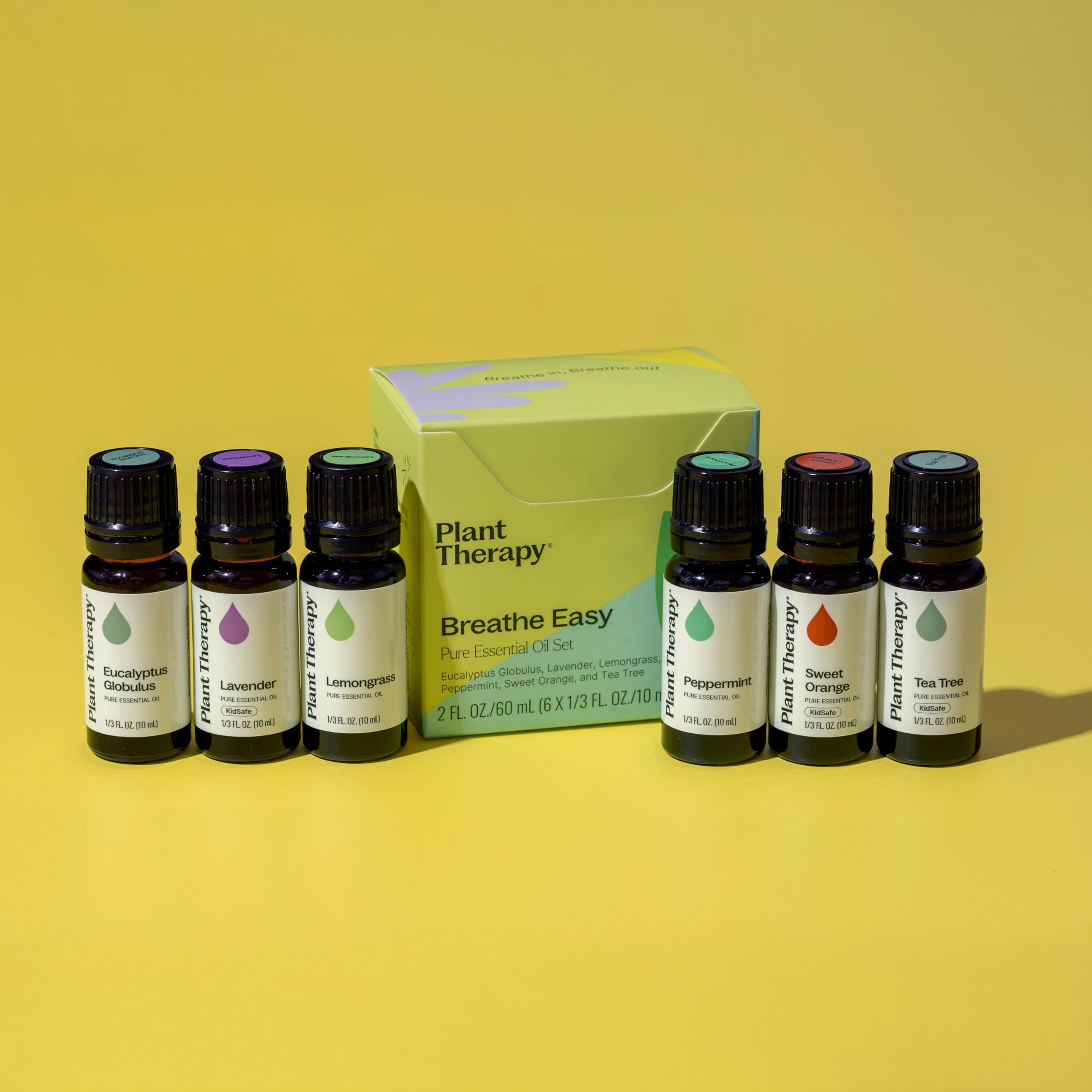 Plant Therapy Breathe Easy packaging box displaying six oils