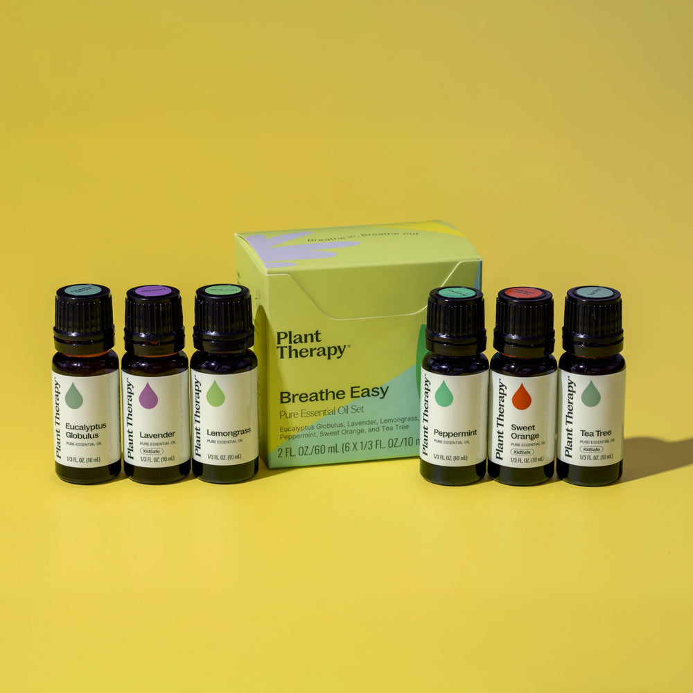 Plant Therapy Breathe Easy packaging box displaying six oils