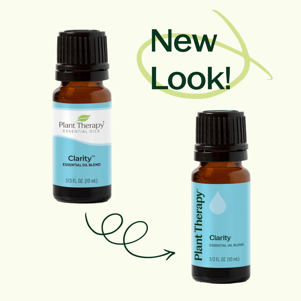 Plant Therapy Clarity packaging, per-pack information and undiluted blend details.