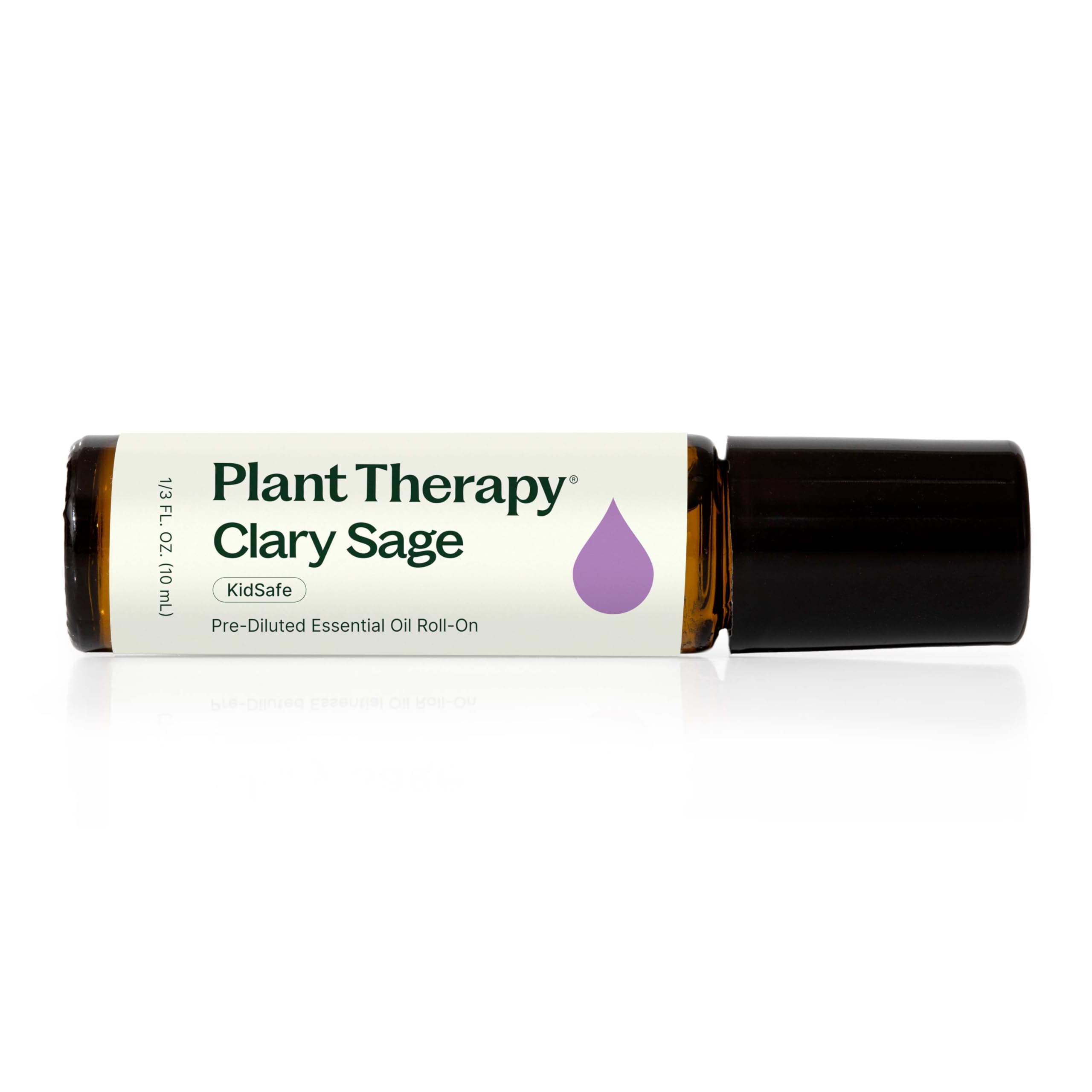 Plant Therapy Clary Sage roll-on bottle showing convenient pre-diluted oil for on-the-go calm