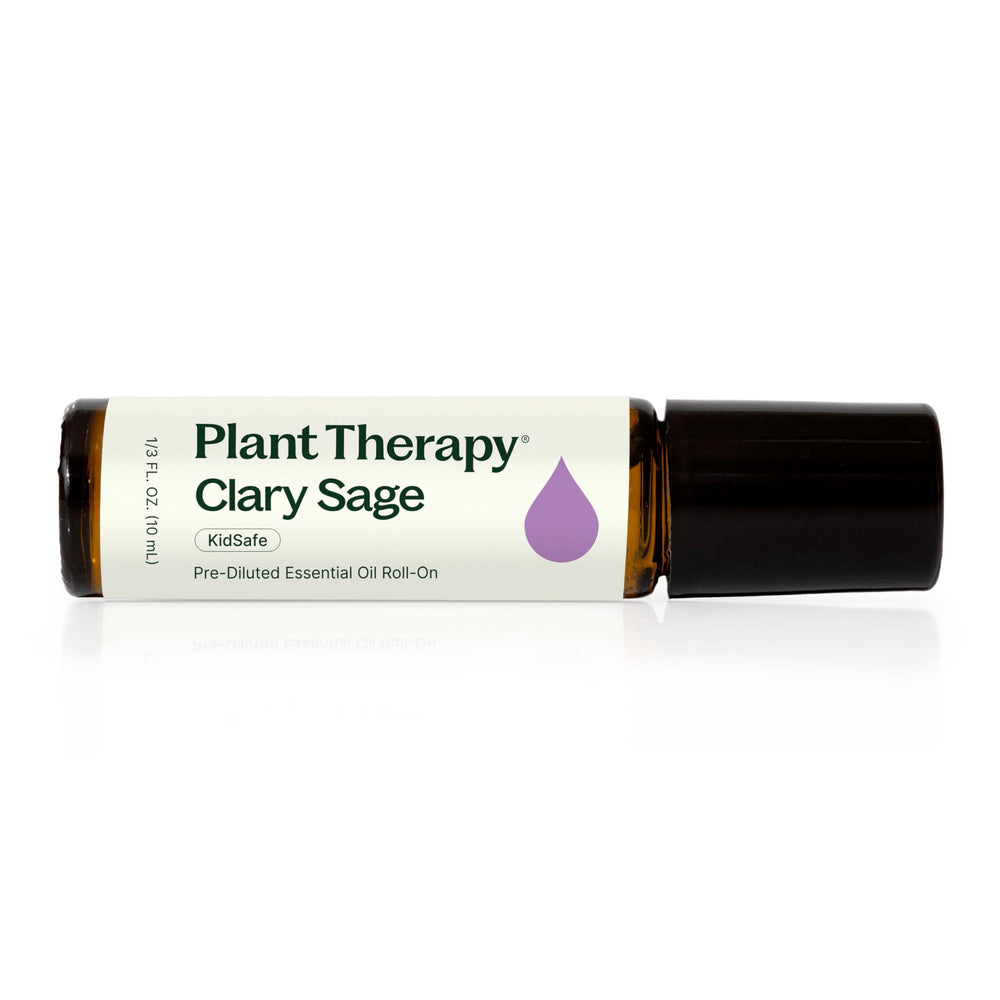 Plant Therapy Clary Sage roll-on bottle showing convenient pre-diluted oil for on-the-go calm