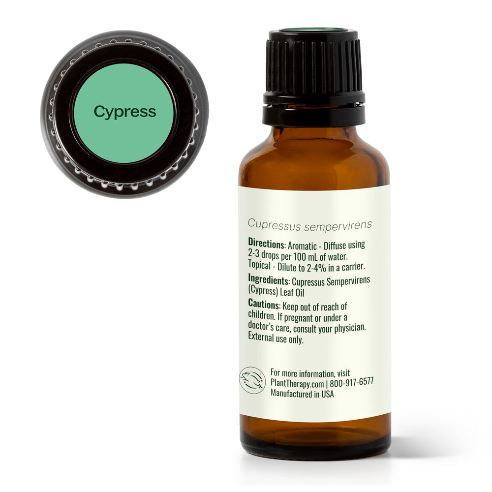 Flatlay of Plant Therapy Cypress Oil and diffuser