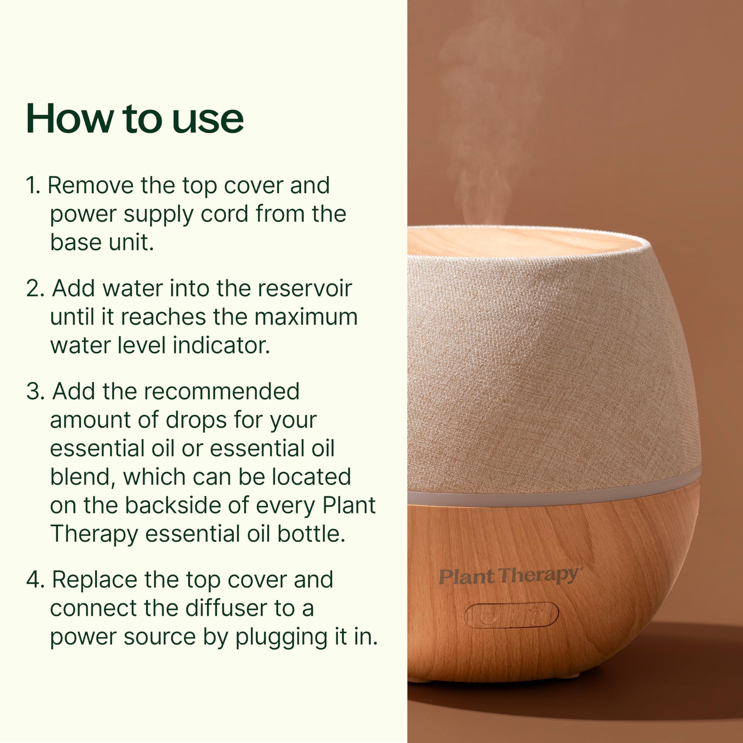 Plant Therapy Drift Linen Diffuser base with wood grain fits modern living rooms.