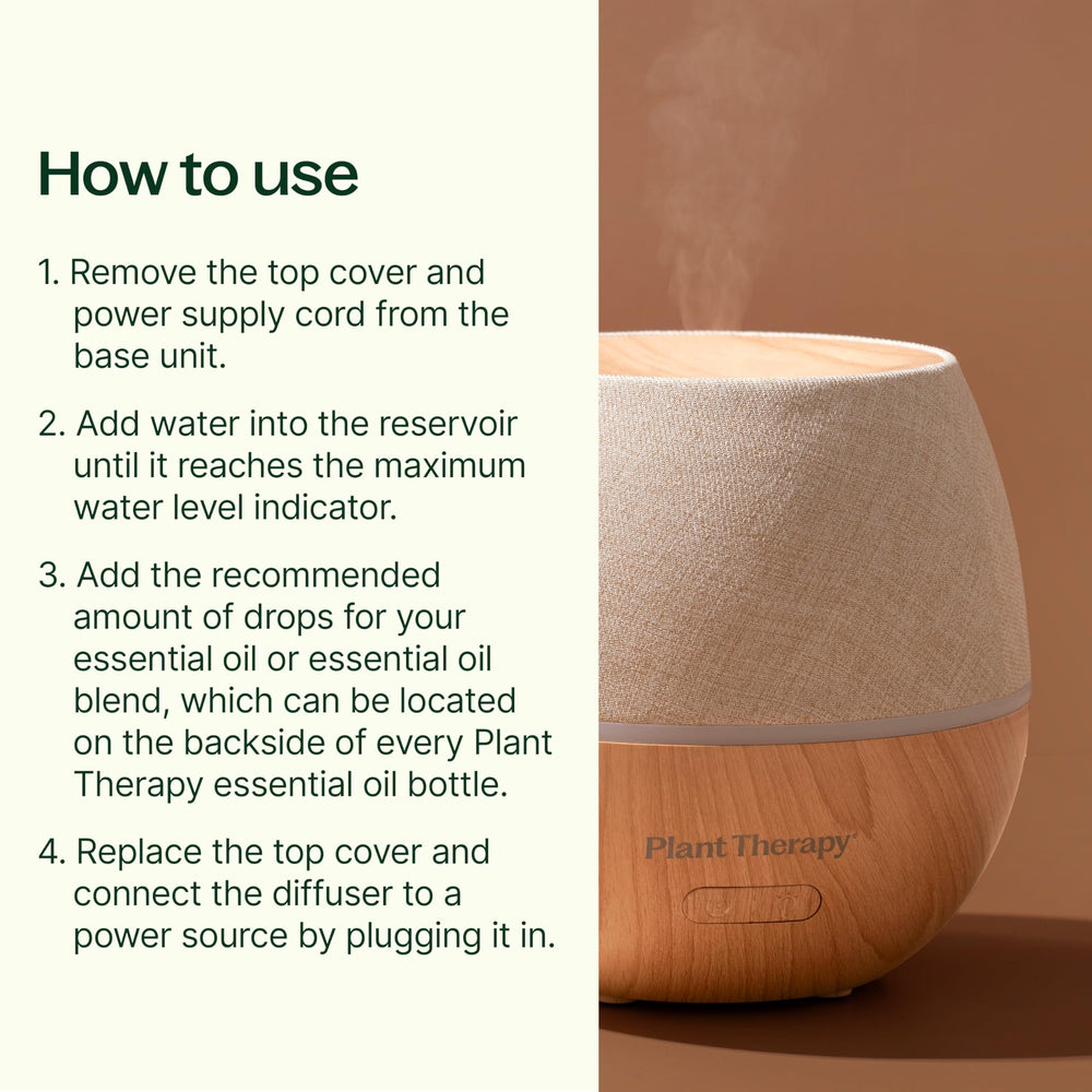 Plant Therapy Drift Linen Diffuser base with wood grain fits modern living rooms.