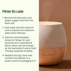 Plant Therapy Drift Linen Diffuser base with wood grain fits modern living rooms.
