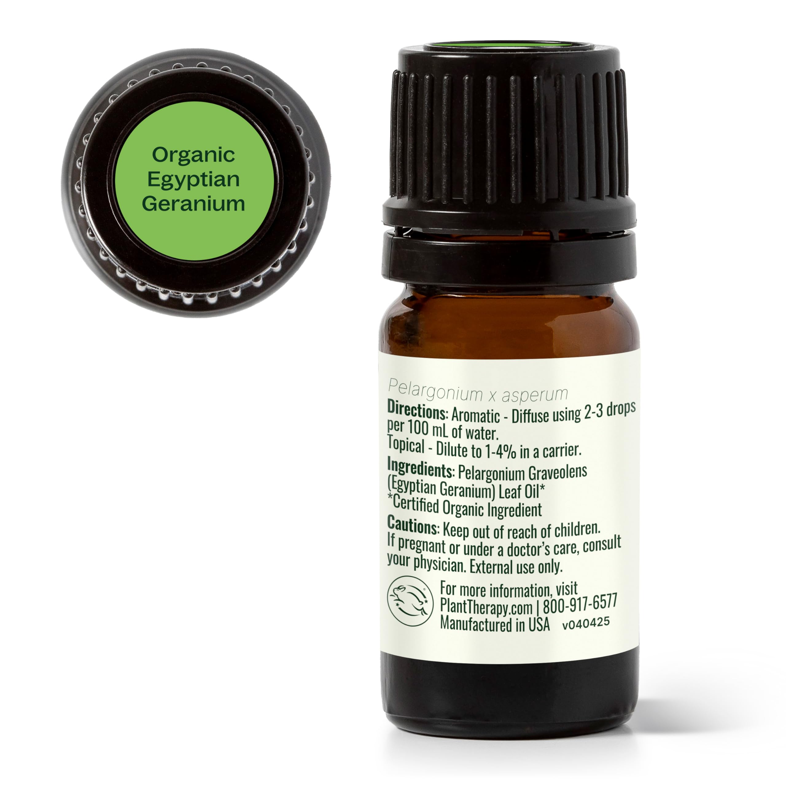 Plant Therapy Egyptian Geranium oil cap close-up, showing purity and care