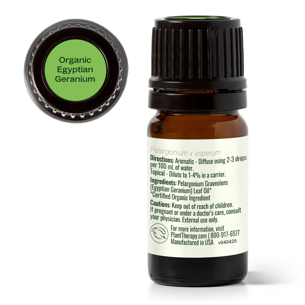 Plant Therapy Egyptian Geranium oil cap close-up, showing purity and care