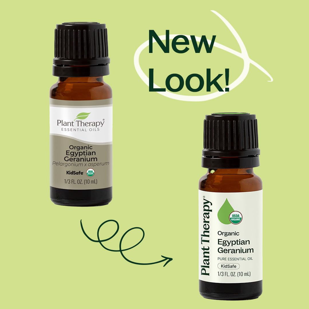 Plant Therapy Egyptian Geranium oil drops diffused, creating a calming floral ambiance