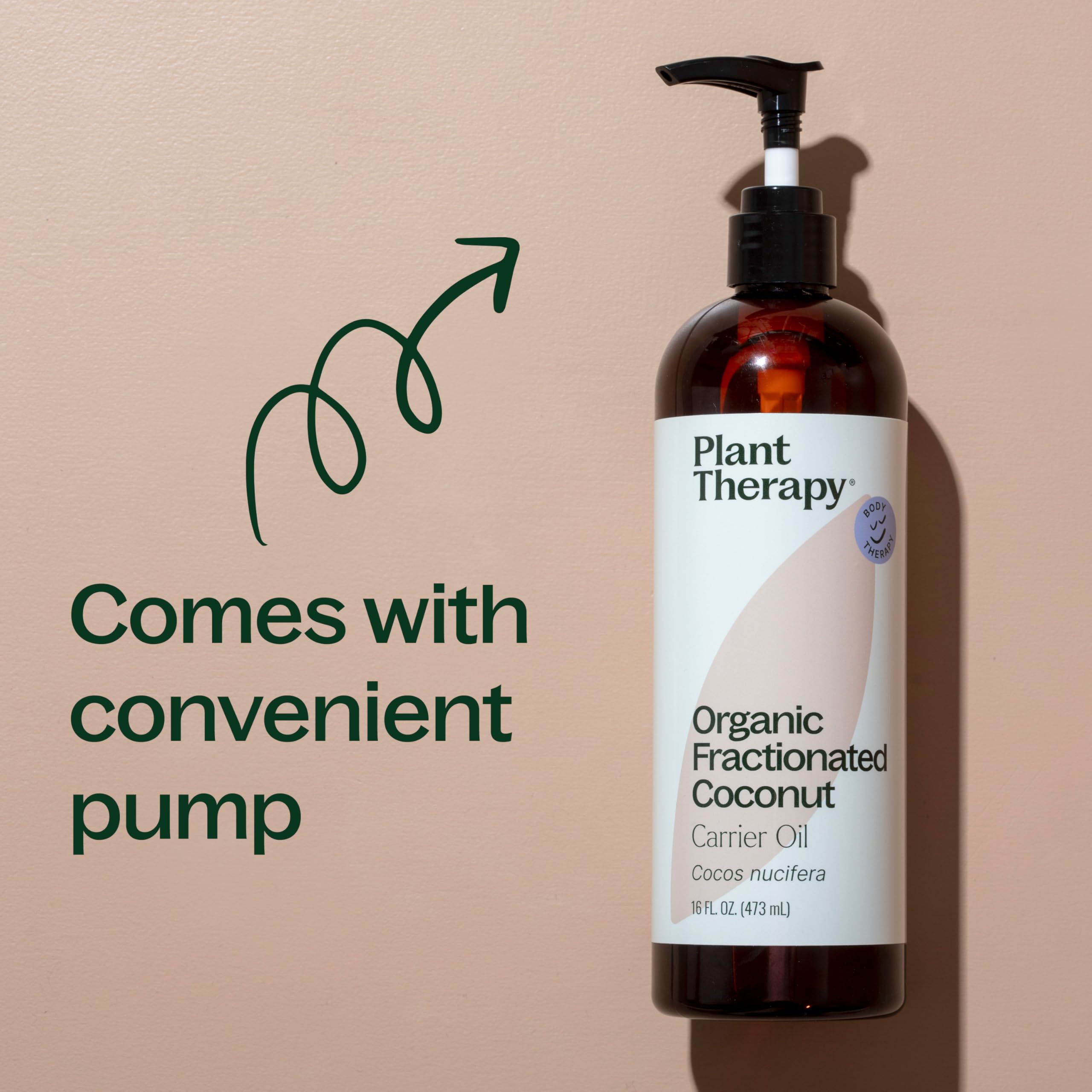 Plant Therapy fractionated coconut oil bottle with glass dish showcases packaging