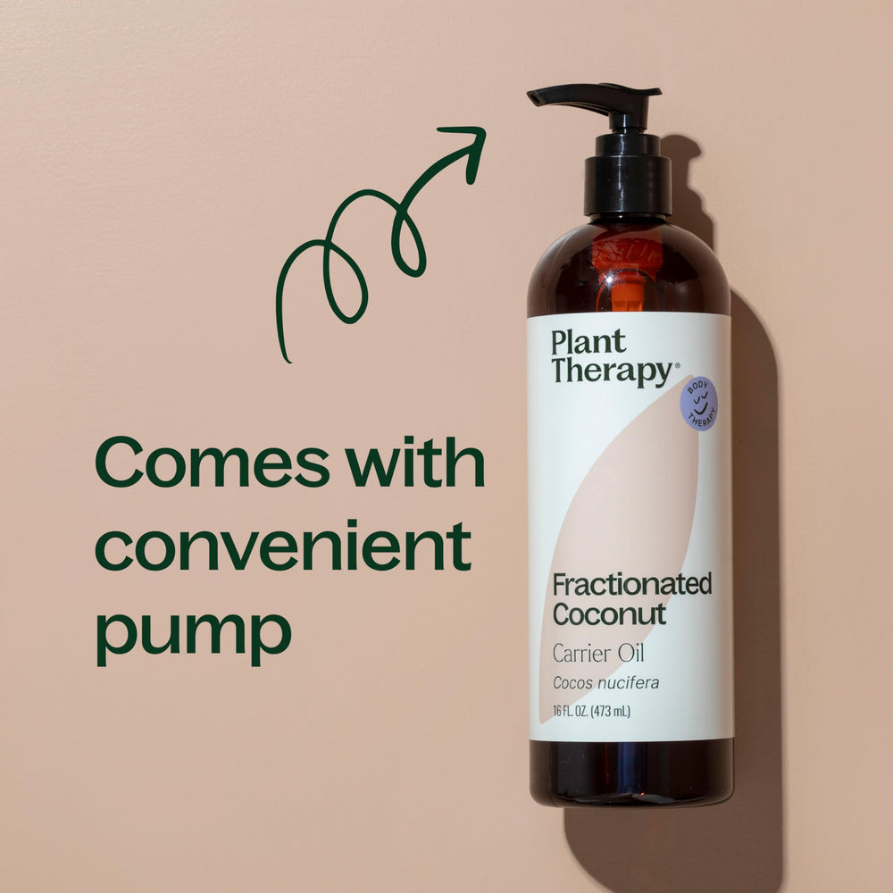 Plant Therapy fractionated coconut oil used in hair masks for shine.