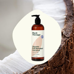 Plant Therapy fractionated coconut oil label closeup with batch testing emphasis