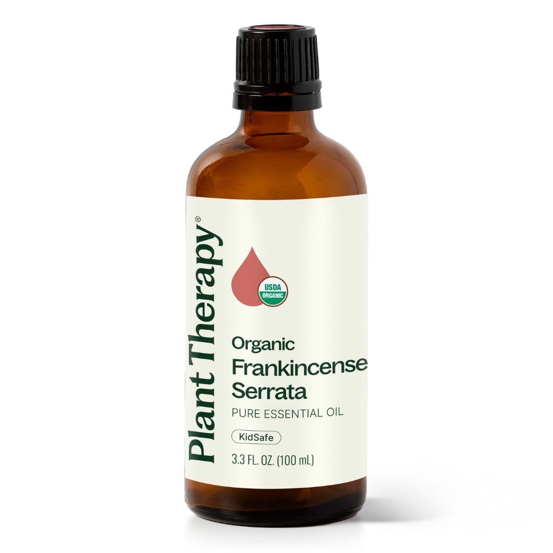 Plant Therapy Frankincense Serrata essential oil bottle label highlights organic purity and brand trust.