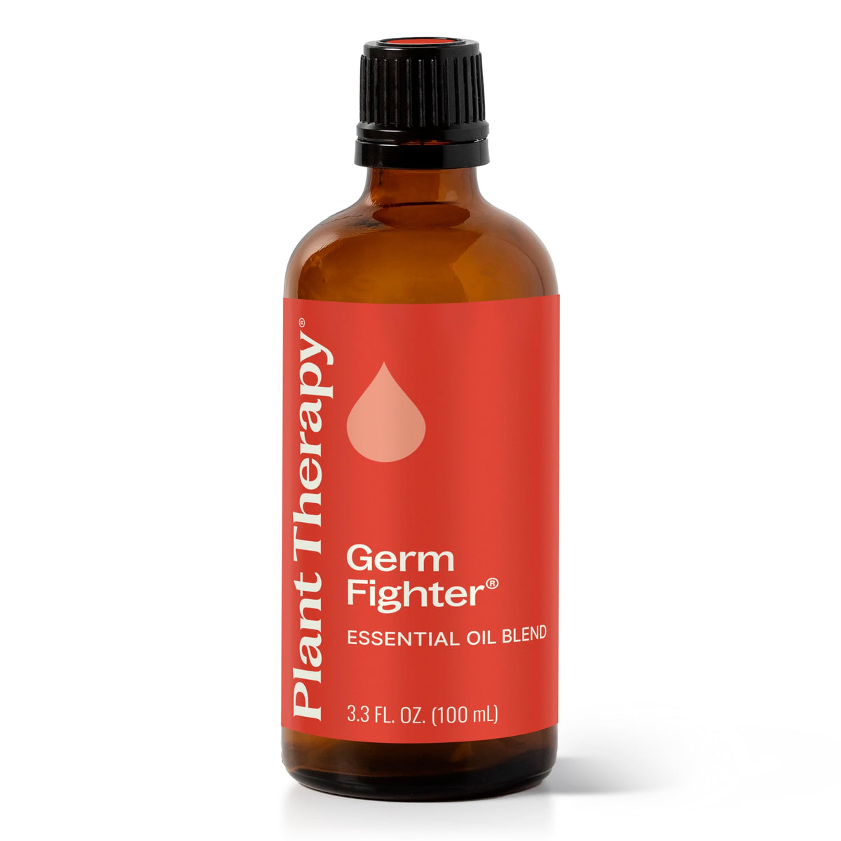 Plant Therapy Germ Fighter bottle supports diffusion or massage applications with 100% pure essential oils.