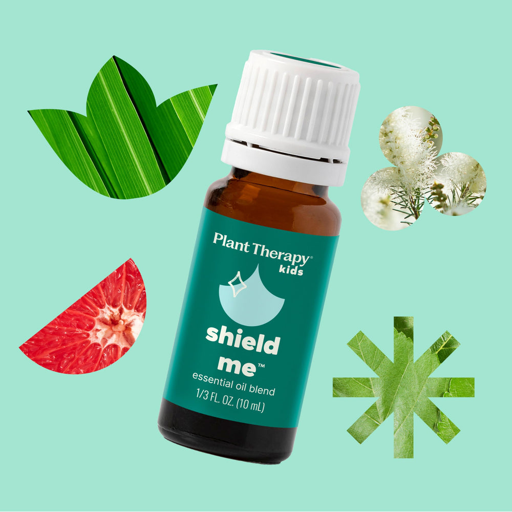 GC-MS reports badge on Plant Therapy Shield Me product packaging.