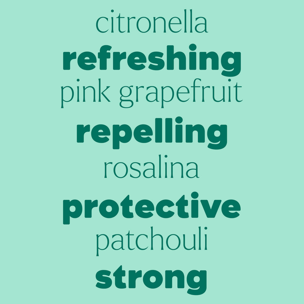 Shield Me ingredients include citronella, grapefruit, geranium, Rosalina, and patchouli.