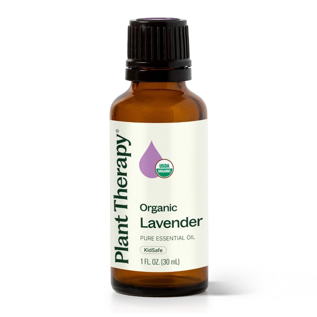 Plant Therapy lavender oil bottle with clear label signaling organic purity and aroma.