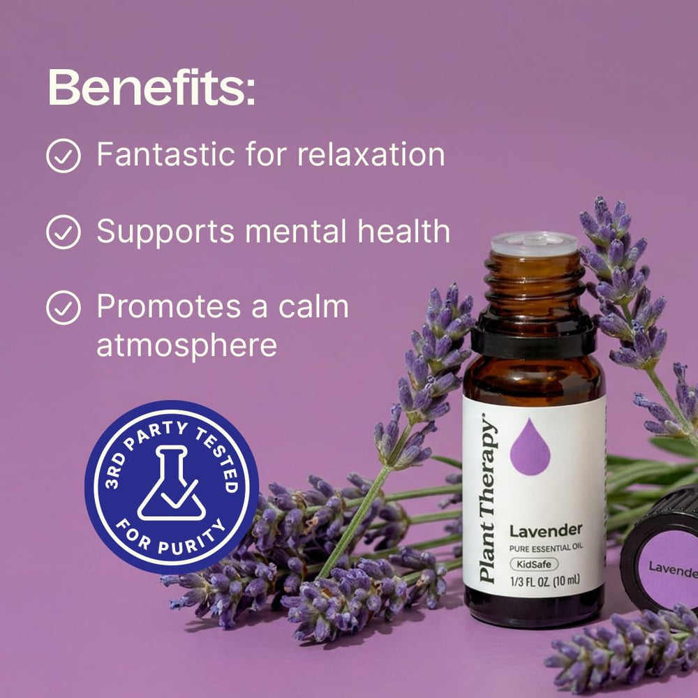 Plant Therapy Lavender Oil shown with a diffuser for a calm evening.