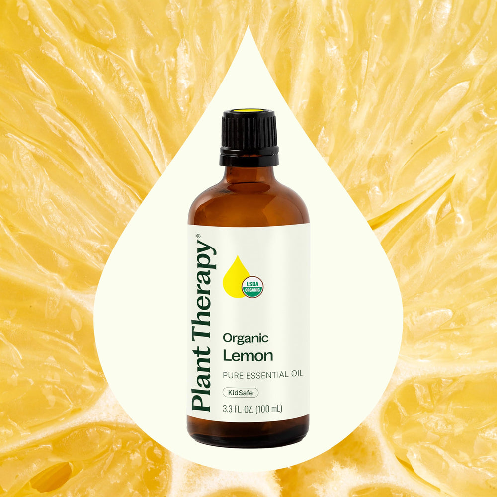 Plant Therapy Lemon Essential Oil bottle with dilution guidance for safe topical use.