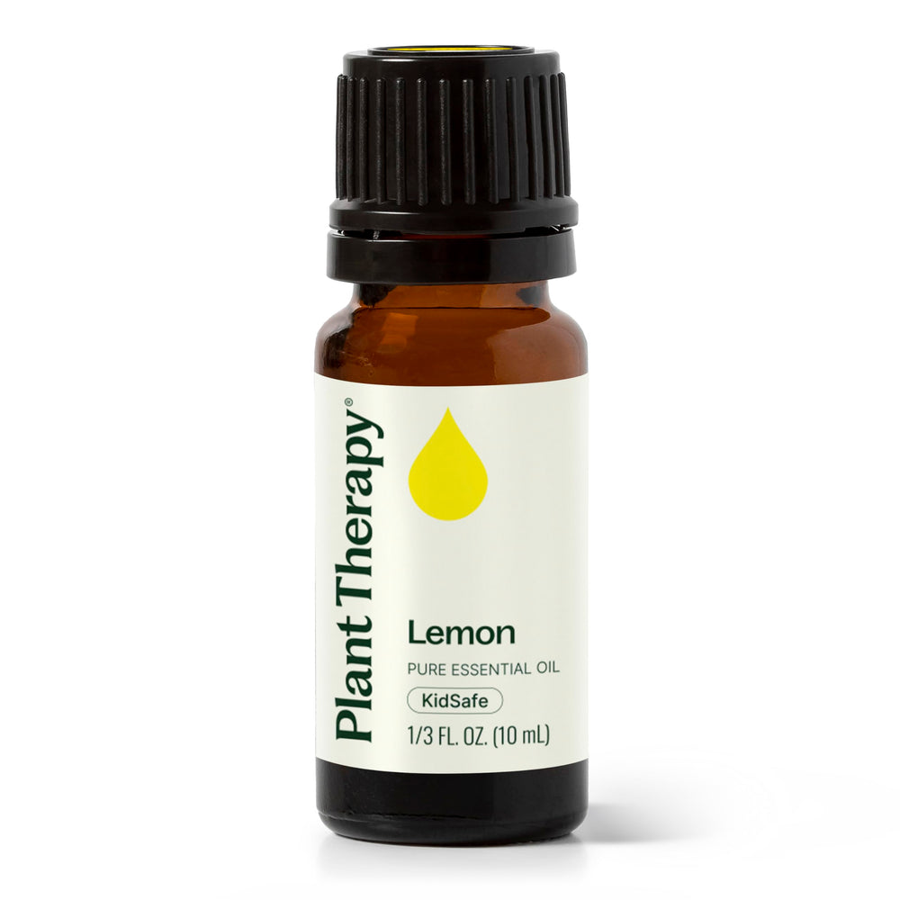 Plant Therapy Lemon Essential Oil bottle for diffusion and skin use.