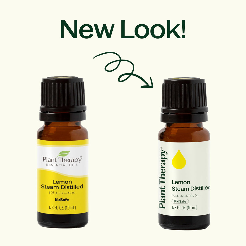 Plant Therapy lemon oil bottle label emphasizing purity and therapeutic-grade quality.
