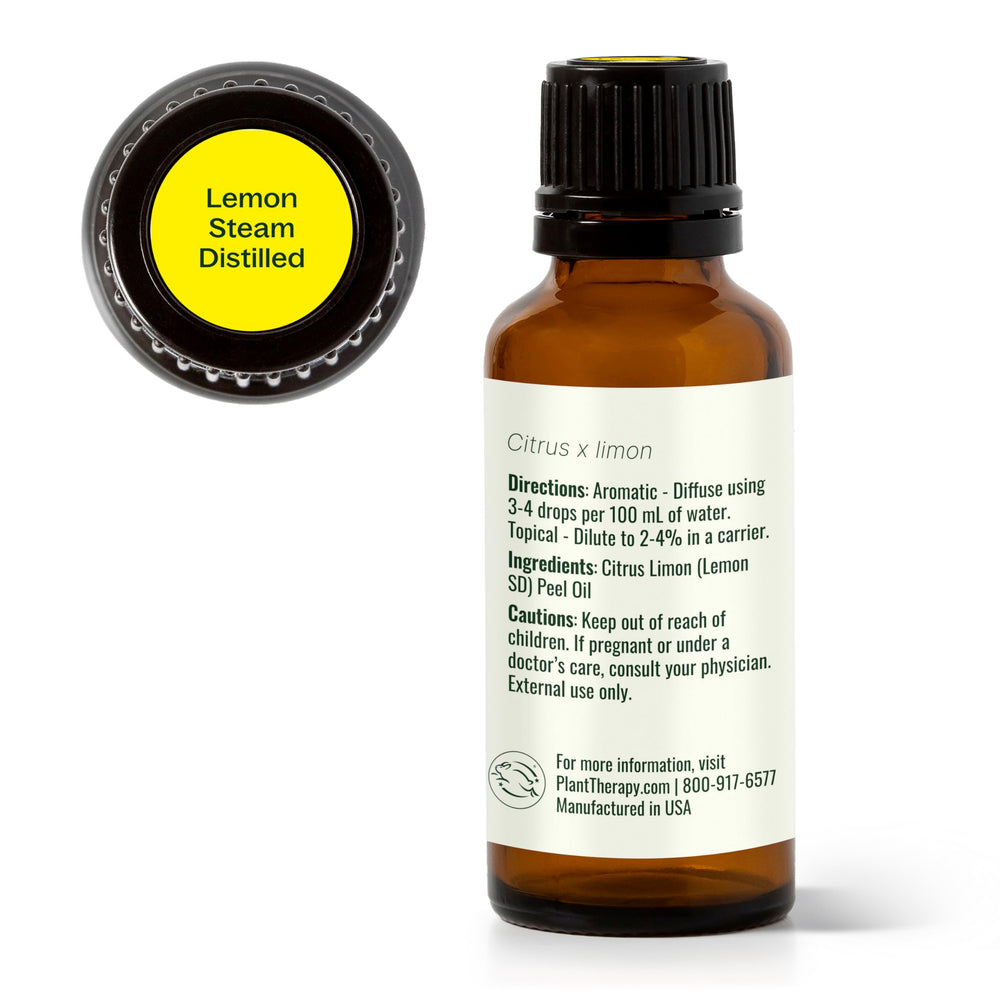 Plant Therapy lemon oil packaging highlights 30 mL size and portability.