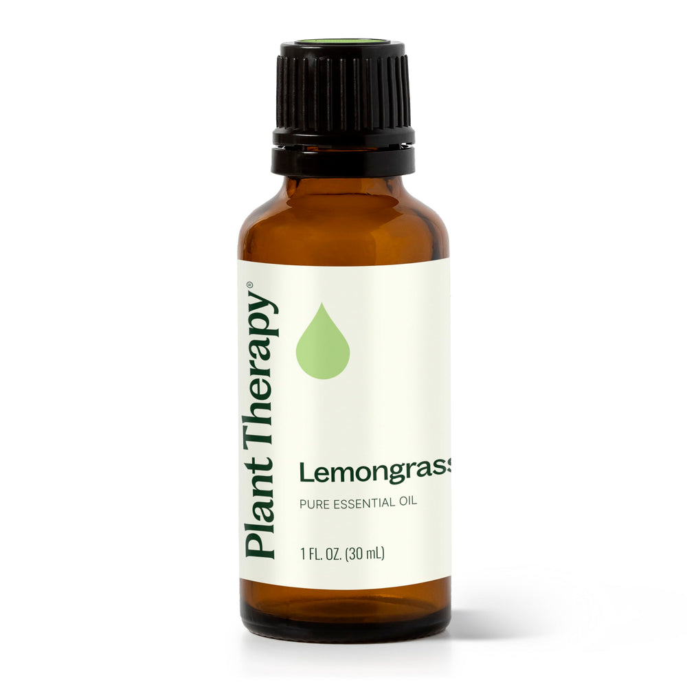 Plant Therapy Lemongrass essential oil bottle for uplifting aroma and topical blends.