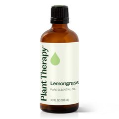 Plant Therapy lemongrass oil bottle shows a crisp, refreshing aroma for spaces.
