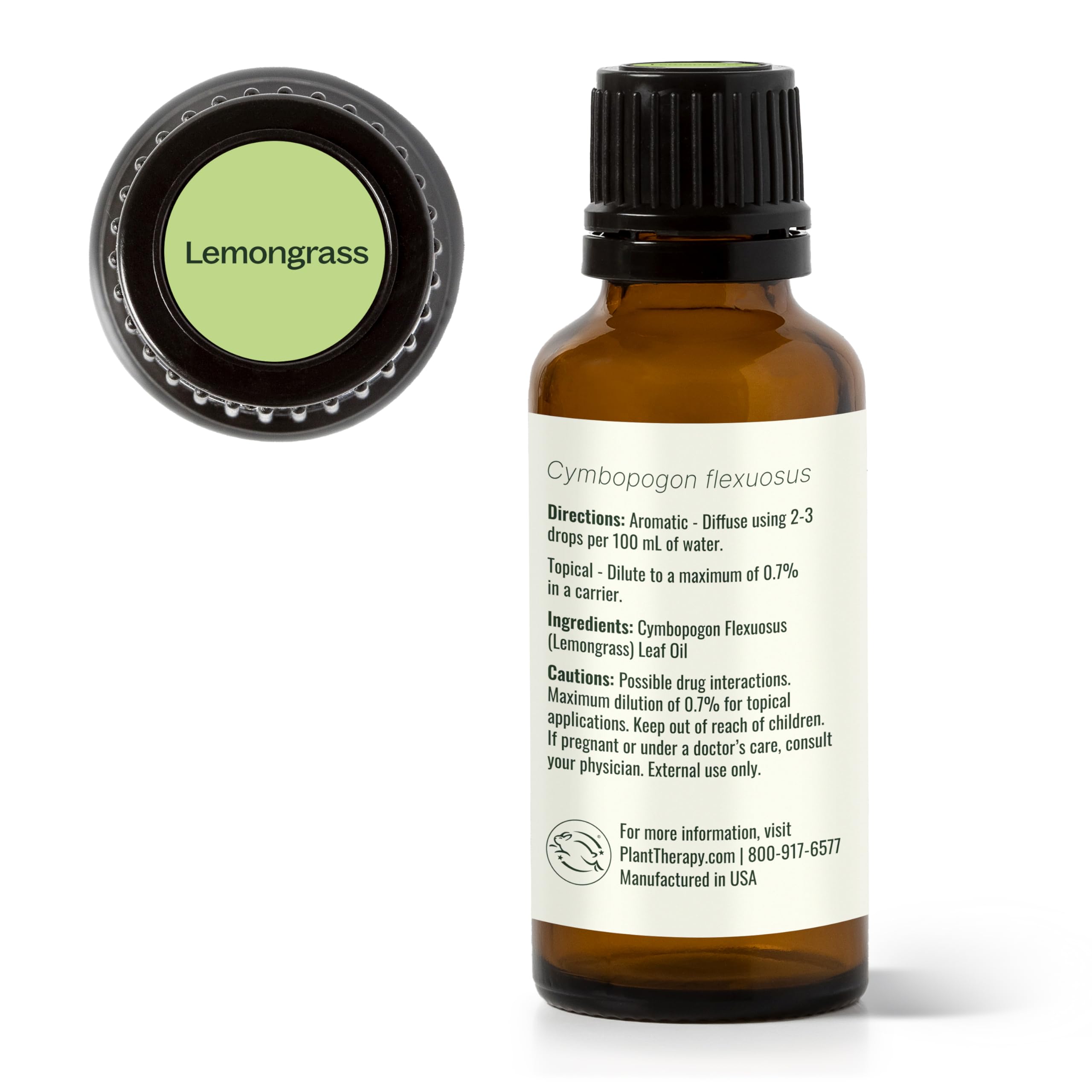 Plant Therapy lemongrass oil with dropper highlights safe, convenient home use for diffusing and topical blends.
